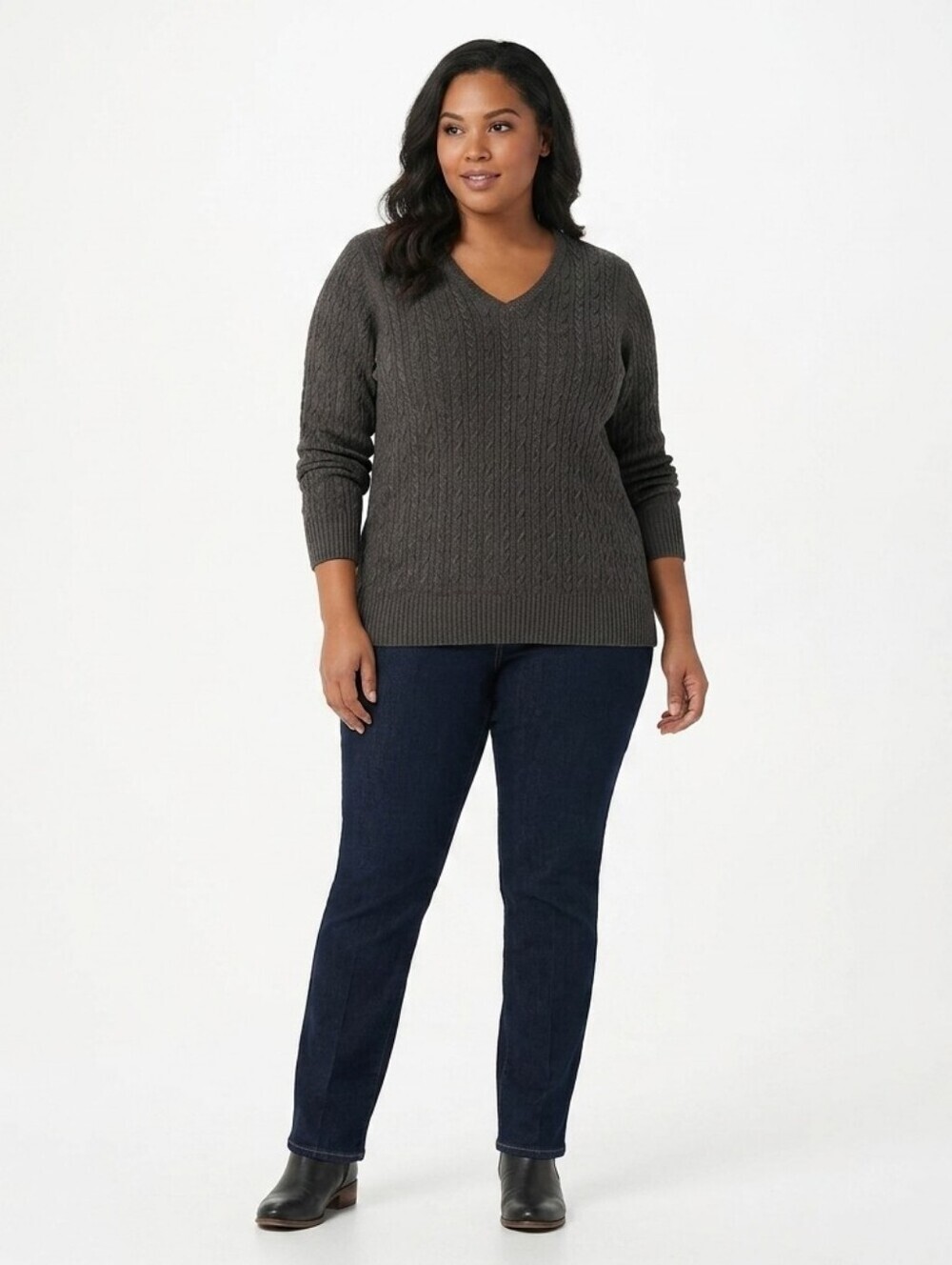 Bass L Womans V Neck Gray Cable Knit Sweater